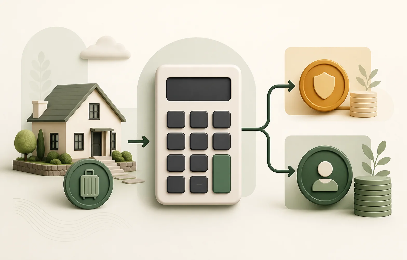 Illustration of an Airbnb booking subtotal dividing into platform fees and host payout beside a calculator.