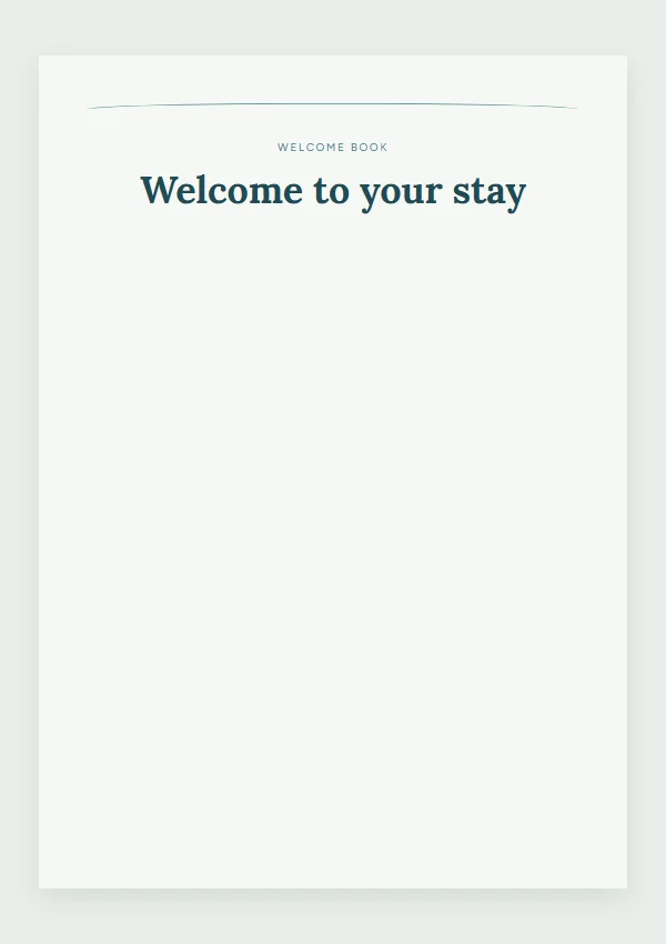 Coastal welcome-book cover from the StayPerk browser builder, with example text