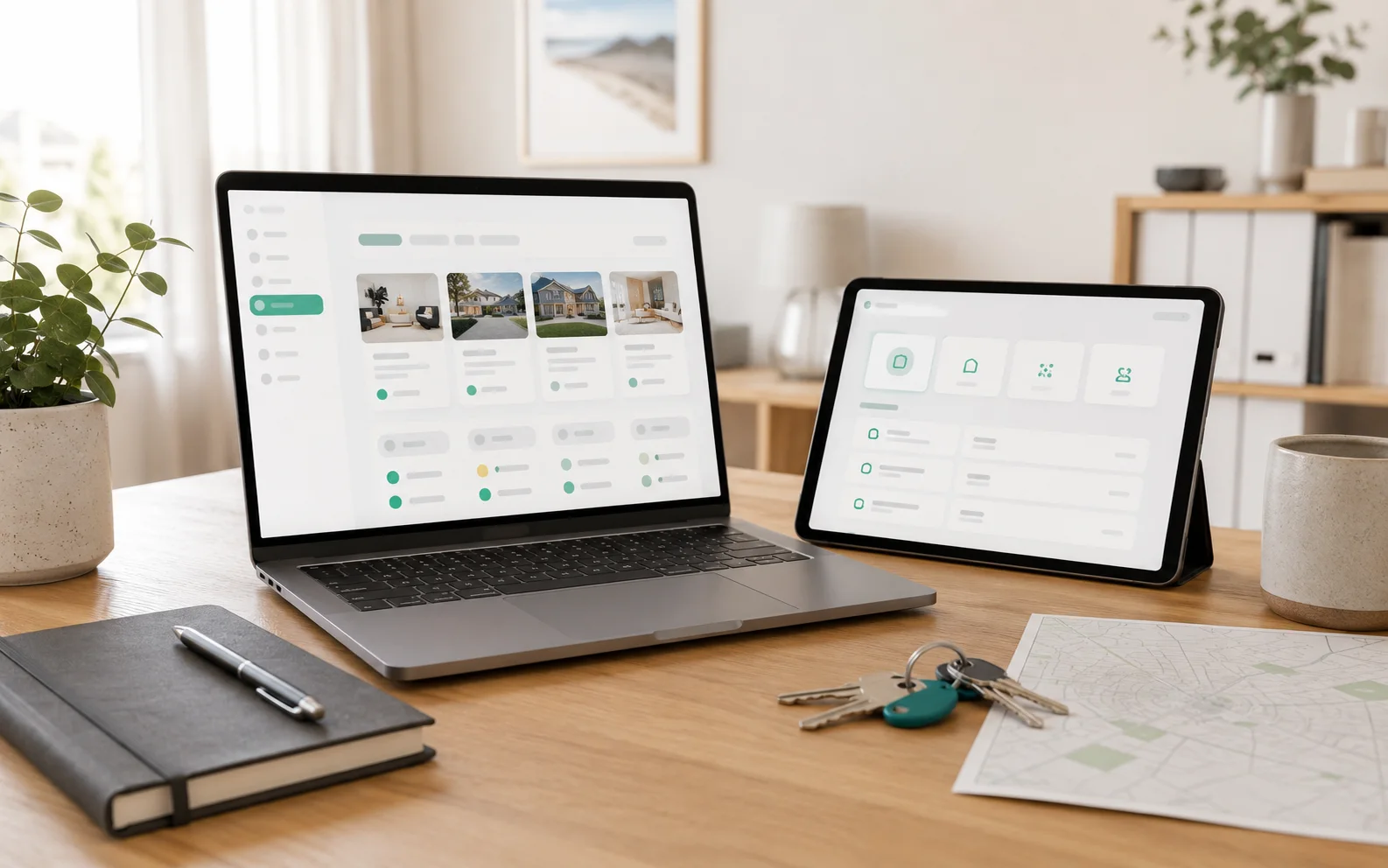 Illustration of a property manager service catalog connected to multiple vacation rental properties.