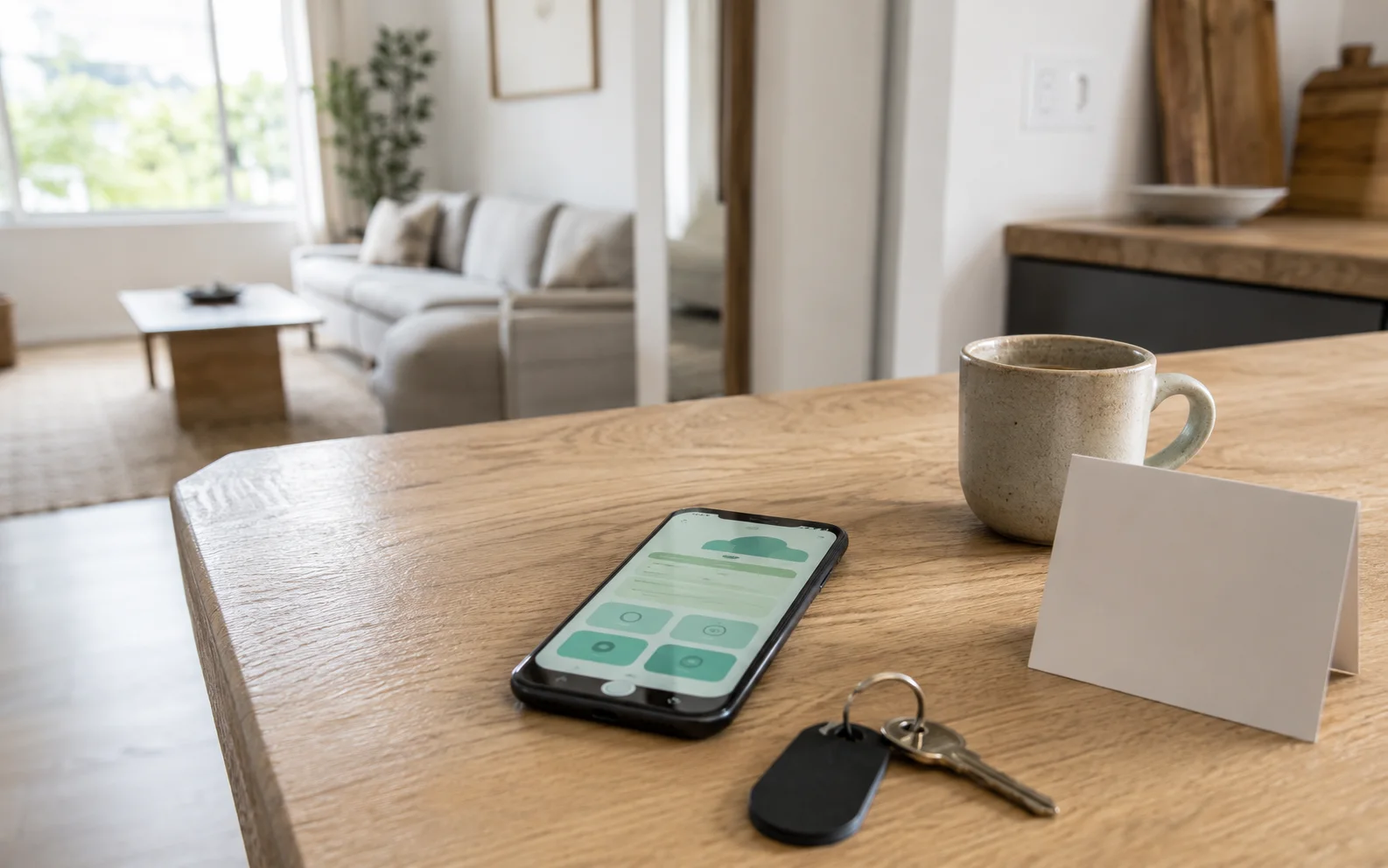 Illustration of a phone showing a digital guest manual connected to stay details and service cards.