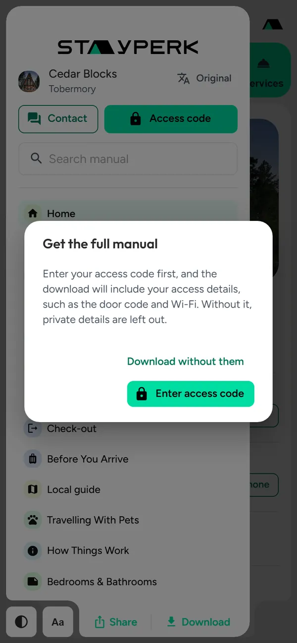 Get the full manual dialog offering to enter the access code before downloading