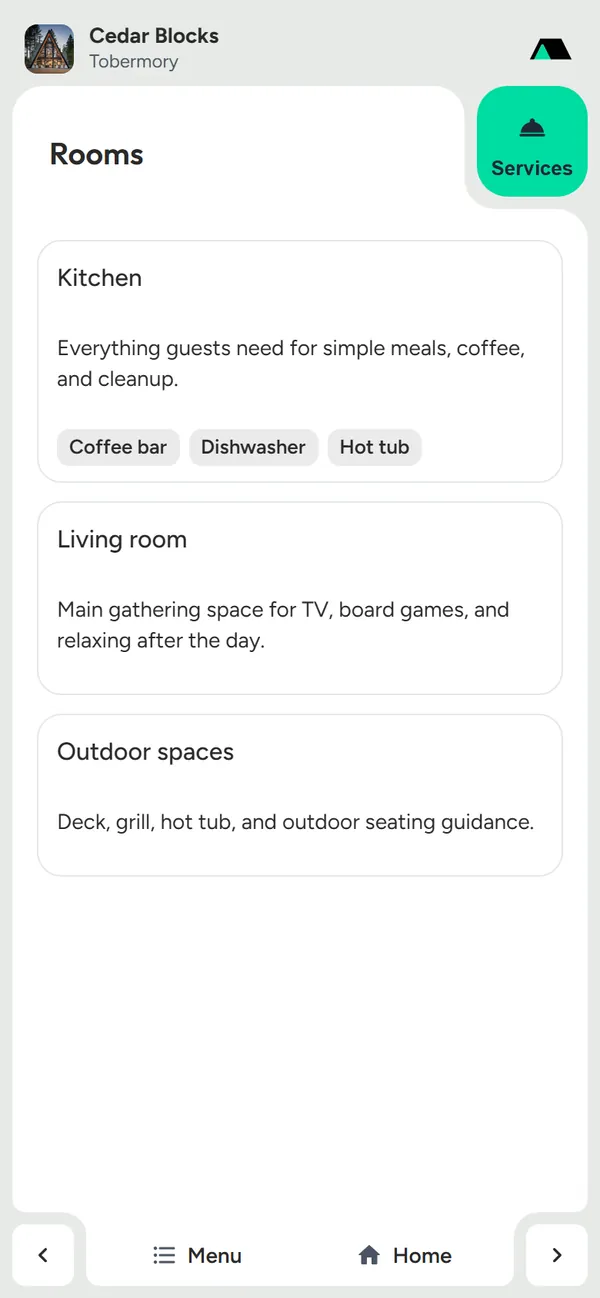 Rooms section with kitchen, living room and outdoor spaces, each with notes