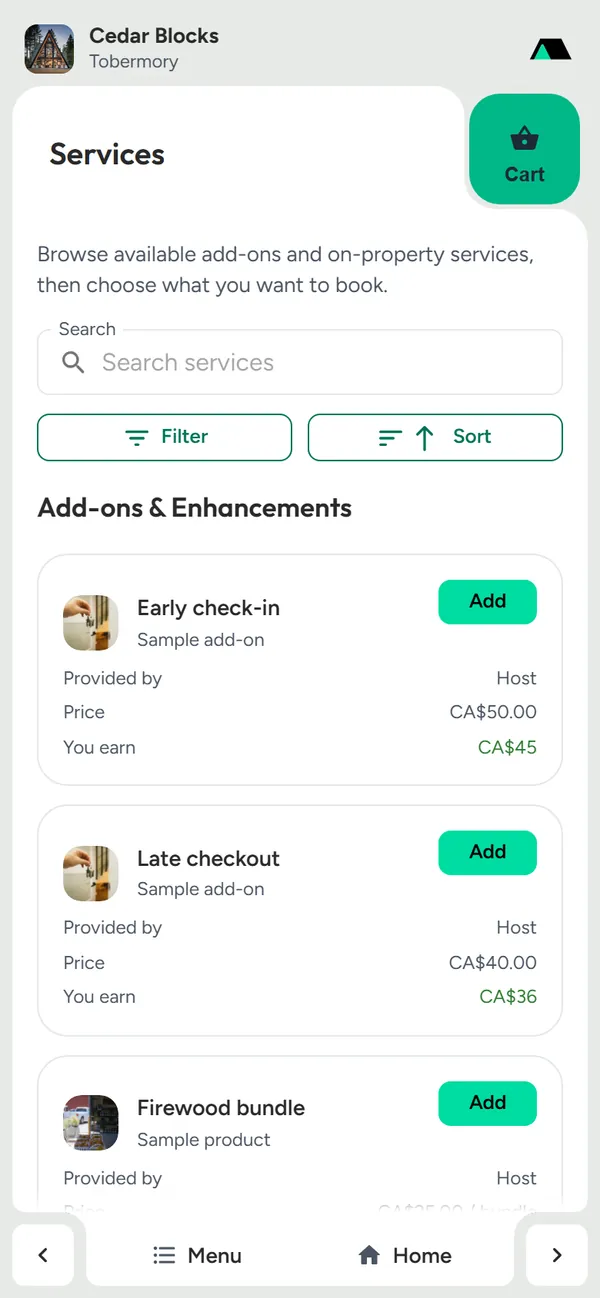 Services page listing early check-in, late checkout and a firewood bundle with Add buttons