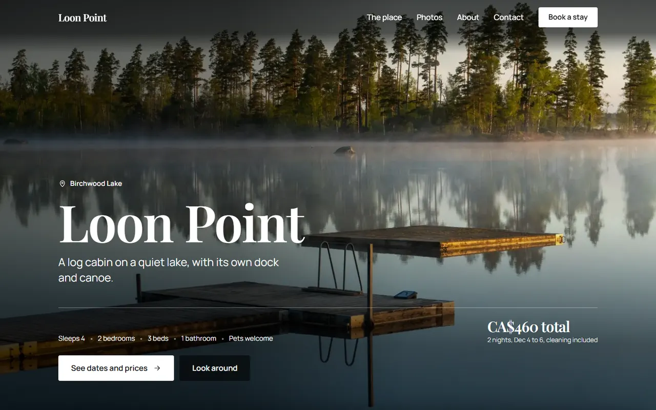 Loon Point, a made-up lakeside cabin, on the Panorama design: a full-screen lake photo with the total for a stay and See dates and prices