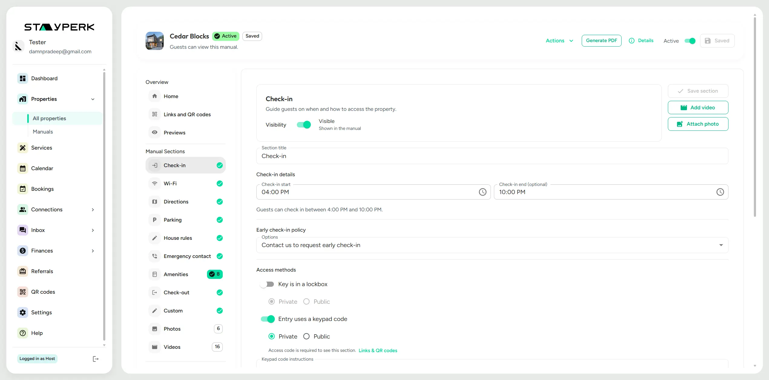 StayPerk mobile guest manual preview with check-in, Wi-Fi, house rules, video help, services, and QR access.