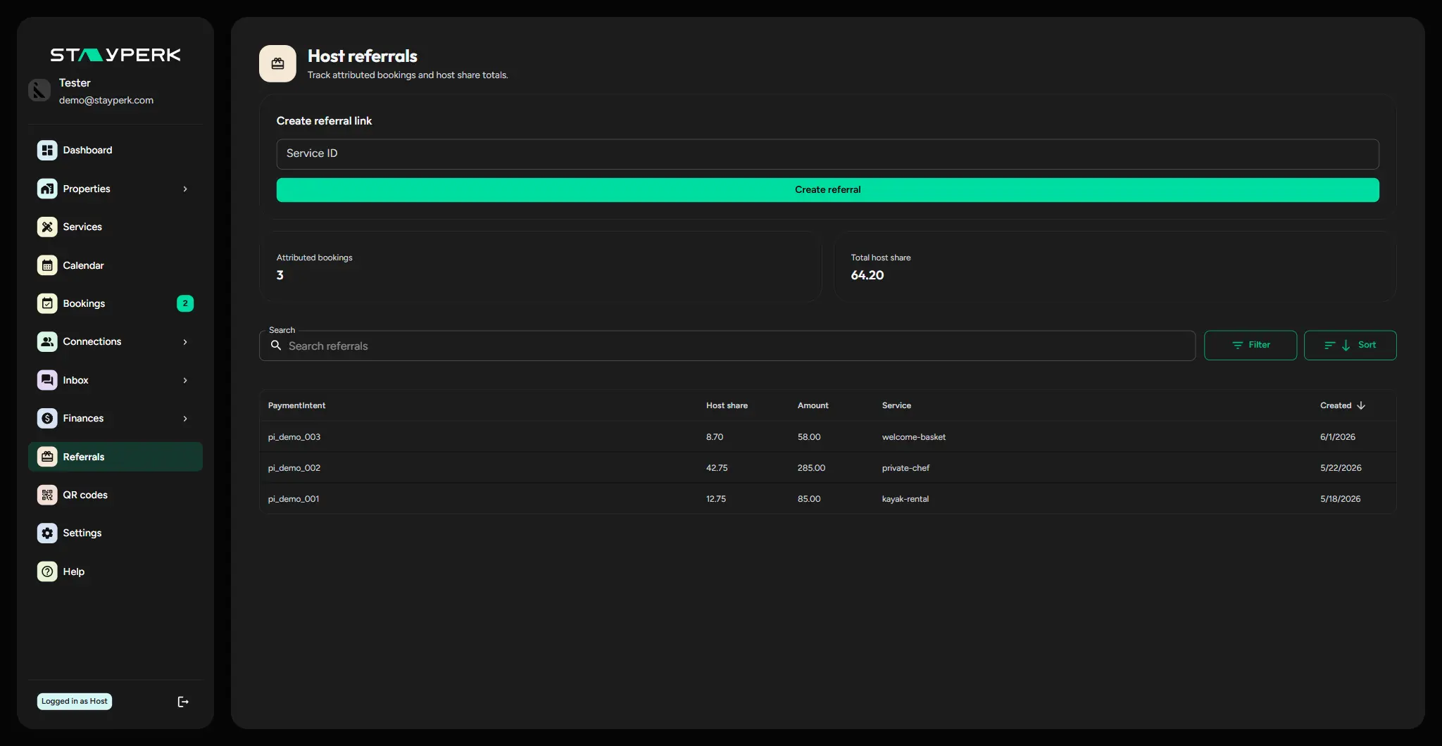 StayPerk referral tracking preview with referred account status, eligible completed booking value, reward review, and approved terms.