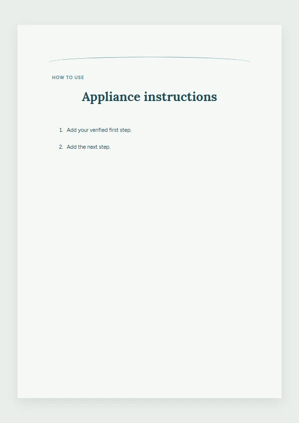 Coastal appliance instruction card with sample steps template