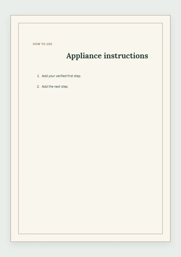Woodland Cabin appliance instruction card with sample steps template