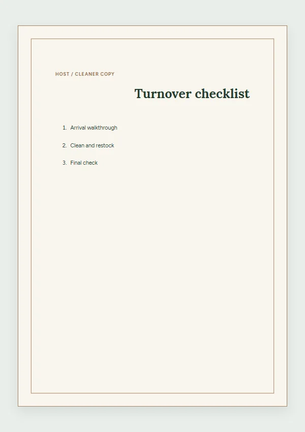 Woodland Cabin host turnover checklist template