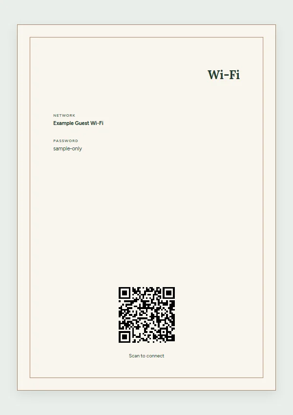 Woodland Cabin Wi-Fi sign with example guest network template