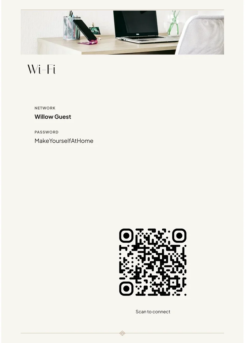 Boutique Hotel matching Wi-Fi sign with demonstration network and QR code
