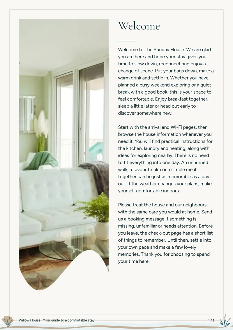 Coastal interior welcome page with sample introduction and photo