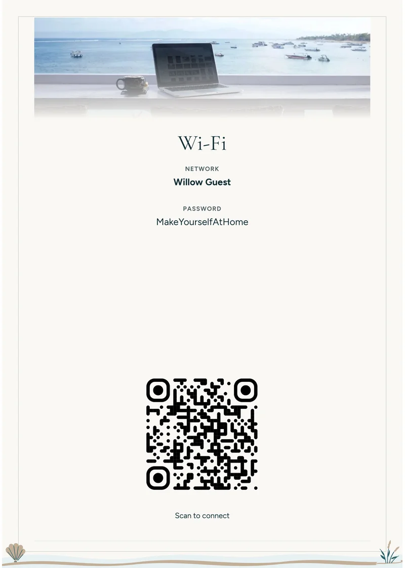 Coastal matching Wi-Fi sign with demonstration network and QR code