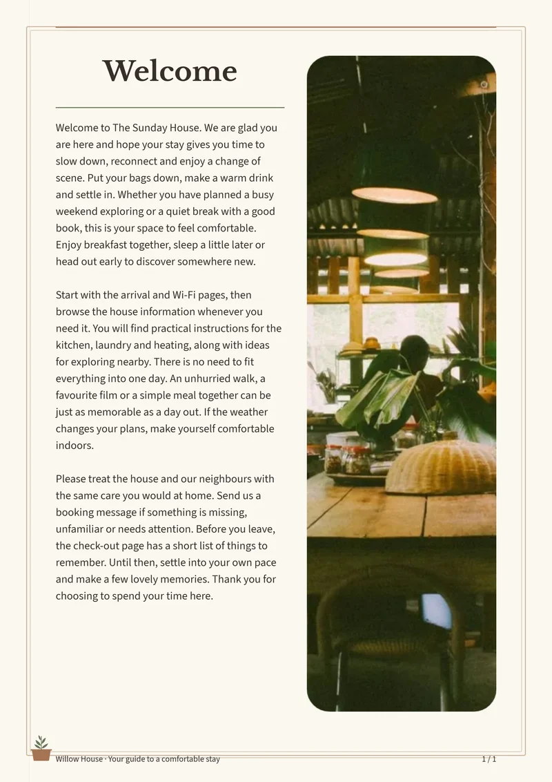 Country Farmhouse interior welcome page with sample introduction and photo