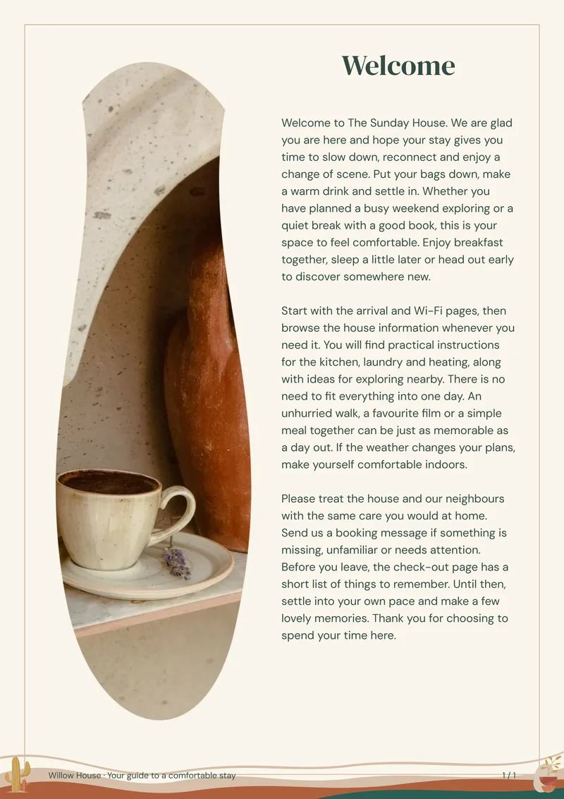 Desert Boho interior welcome page with sample introduction and photo