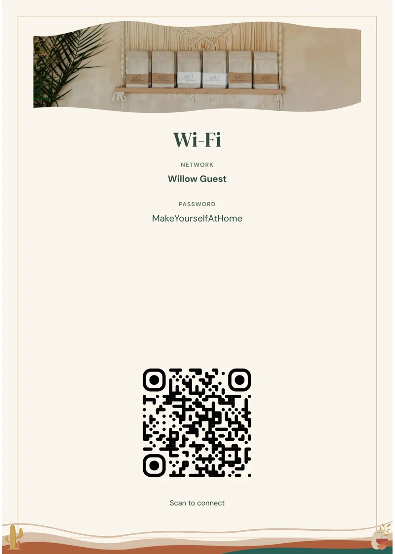 Desert Boho matching Wi-Fi sign with demonstration network and QR code