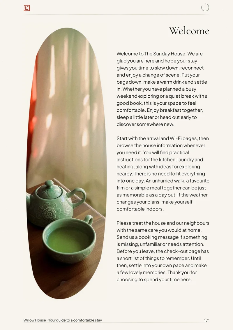 Japandi interior welcome page with sample introduction and photo