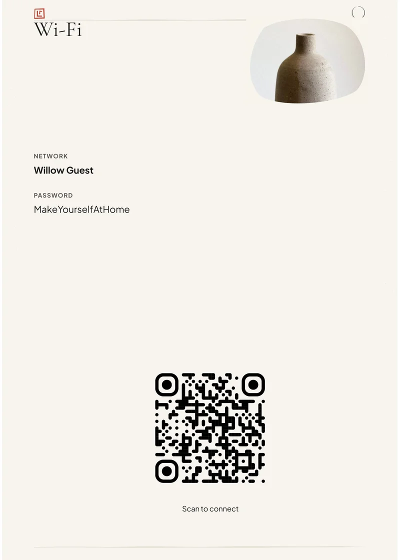 Japandi matching Wi-Fi sign with demonstration network and QR code