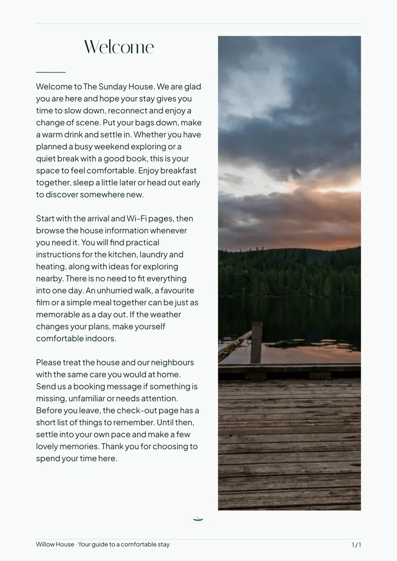 Lakehouse interior welcome page with sample introduction and photo