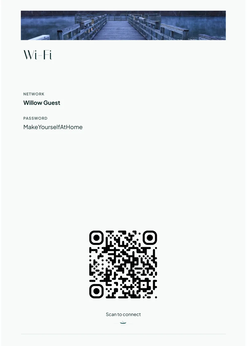 Lakehouse matching Wi-Fi sign with demonstration network and QR code