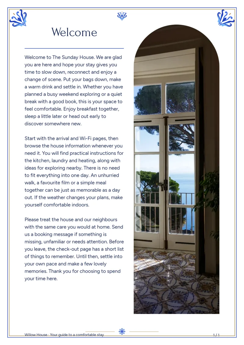 Mediterranean interior welcome page with sample introduction and photo