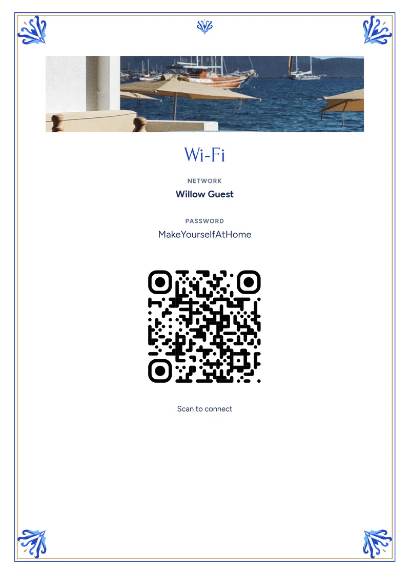 Mediterranean matching Wi-Fi sign with demonstration network and QR code