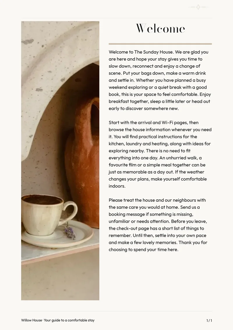 Modern Luxury interior welcome page with sample introduction and photo