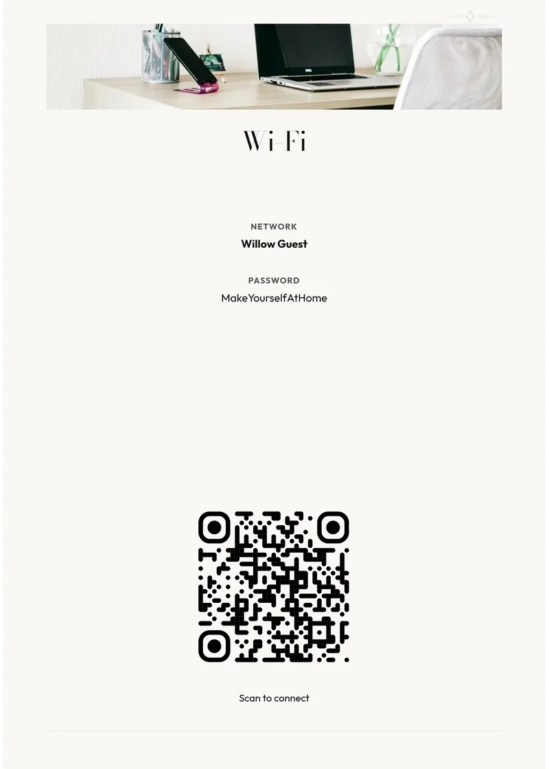 Modern Luxury matching Wi-Fi sign with demonstration network and QR code