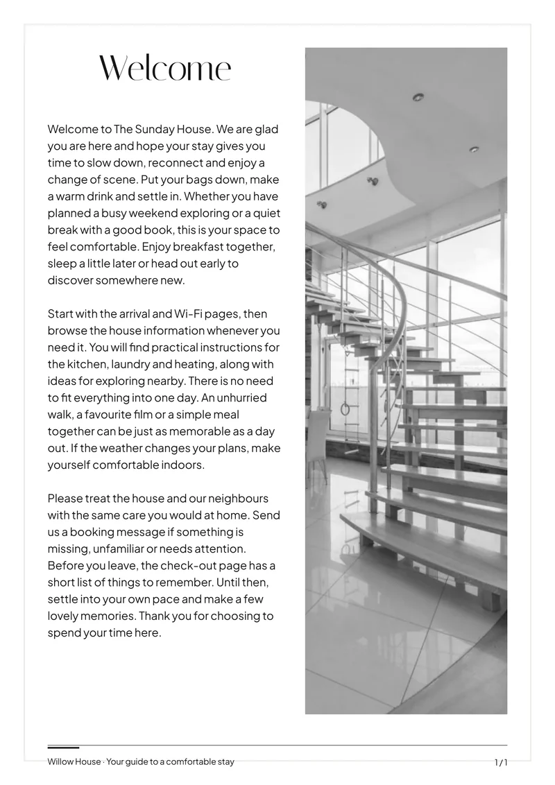 Modern Minimal interior welcome page with sample introduction and photo