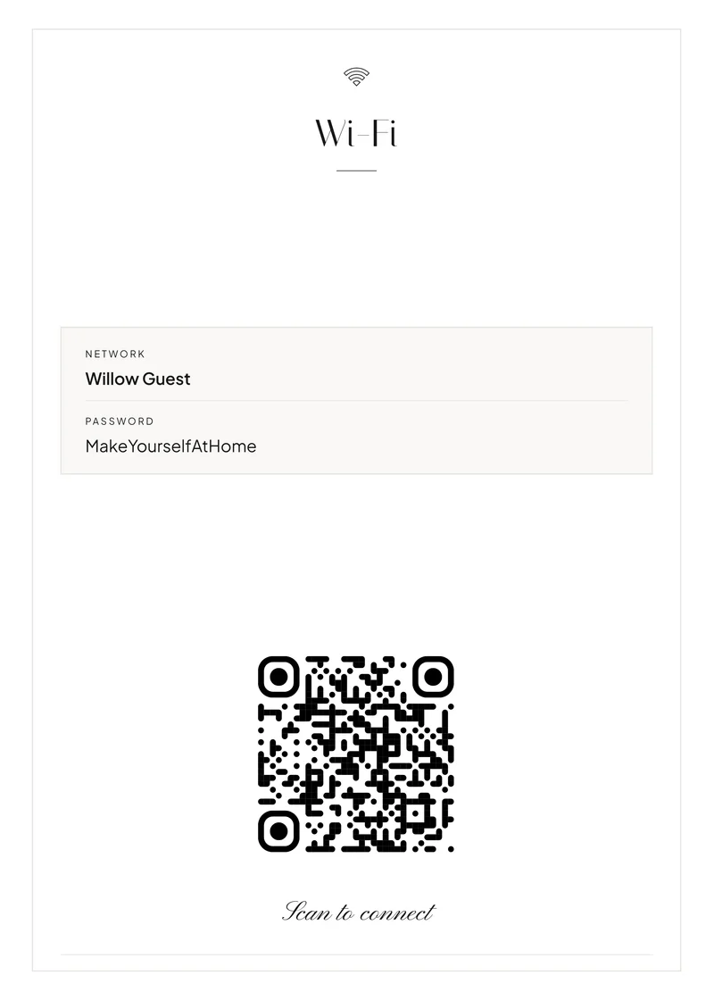Modern Minimal matching Wi-Fi sign with demonstration network and QR code