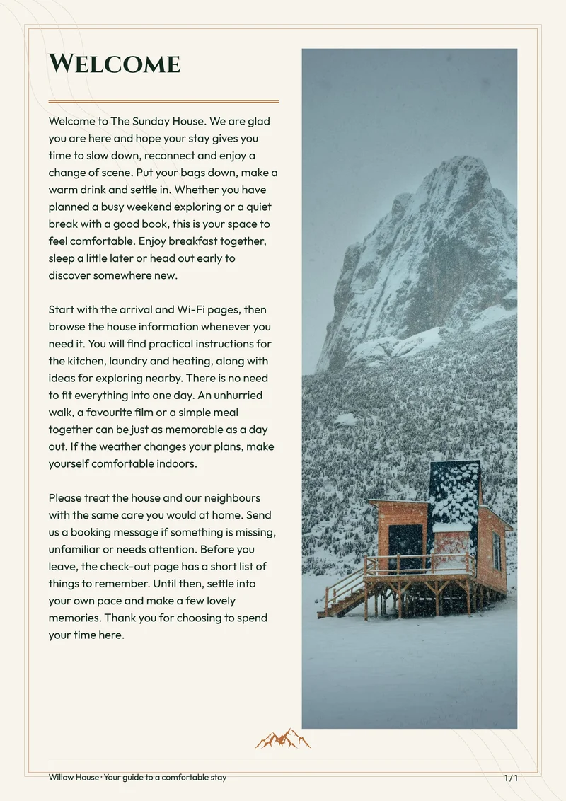 Mountain Lodge interior welcome page with sample introduction and photo