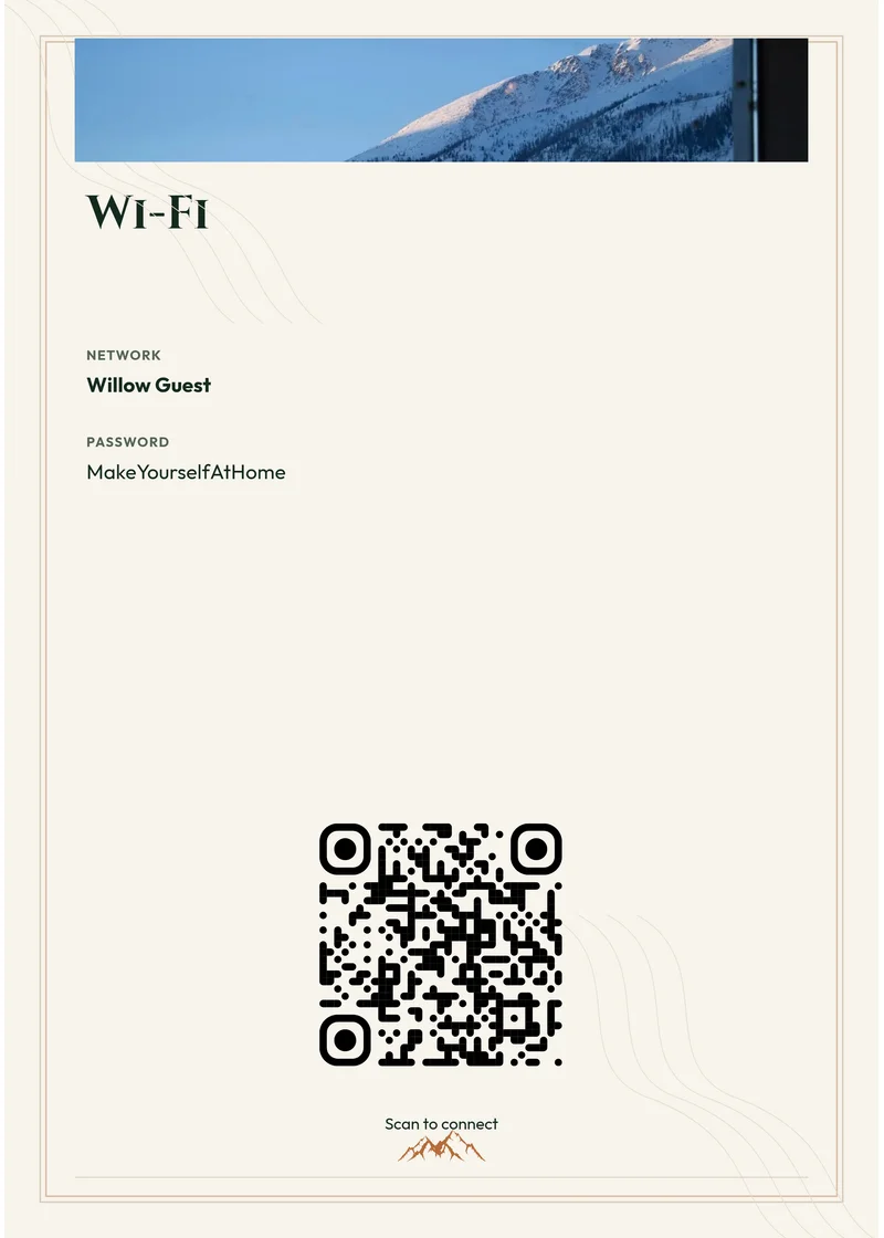 Mountain Lodge matching Wi-Fi sign with demonstration network and QR code