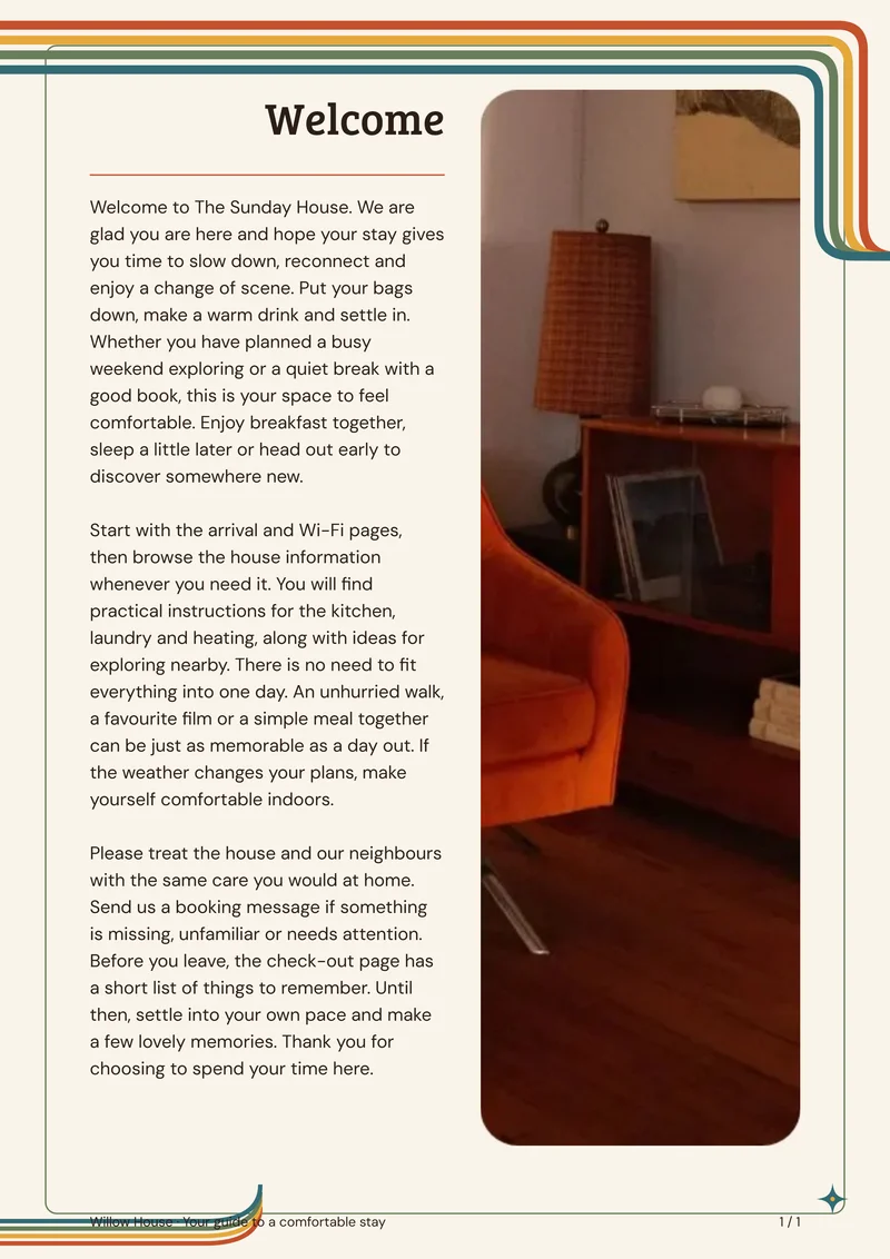 Retro Retreat interior welcome page with sample introduction and photo