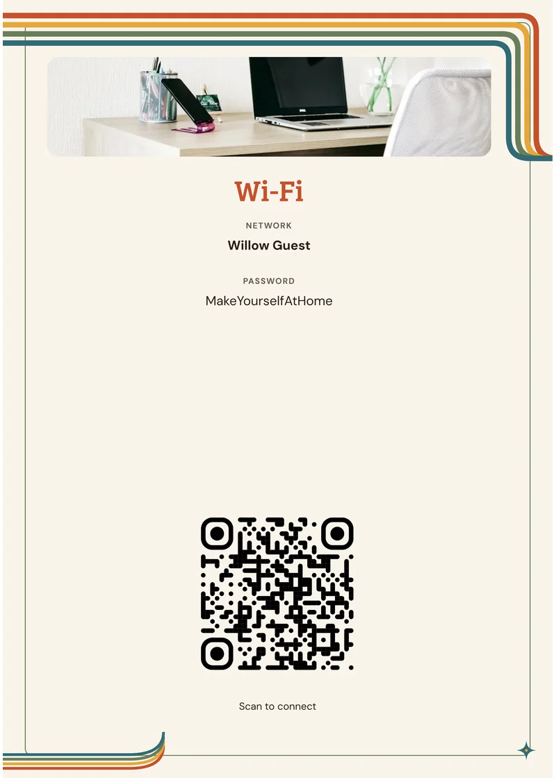 Retro Retreat matching Wi-Fi sign with demonstration network and QR code