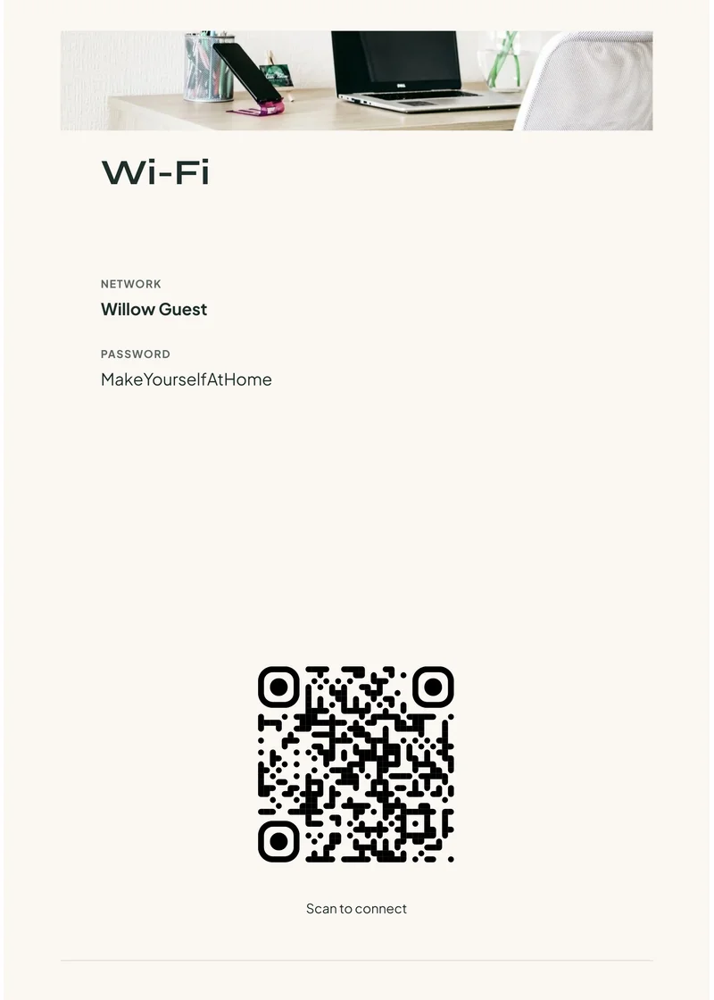 Scandinavian matching Wi-Fi sign with demonstration network and QR code