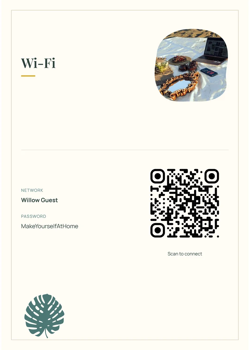 Tropical Retreat matching Wi-Fi sign with demonstration network and QR code