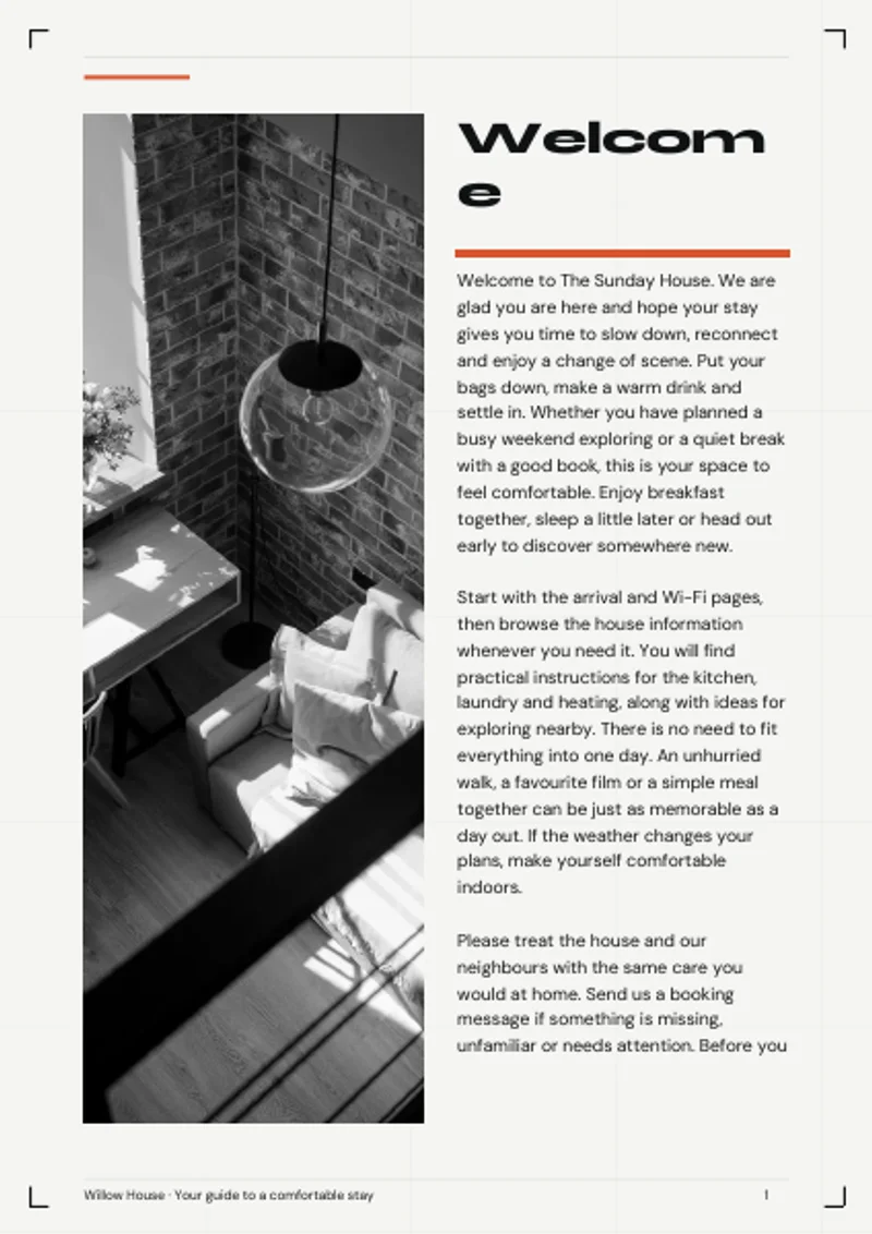 Urban Loft interior welcome page with sample introduction and photo