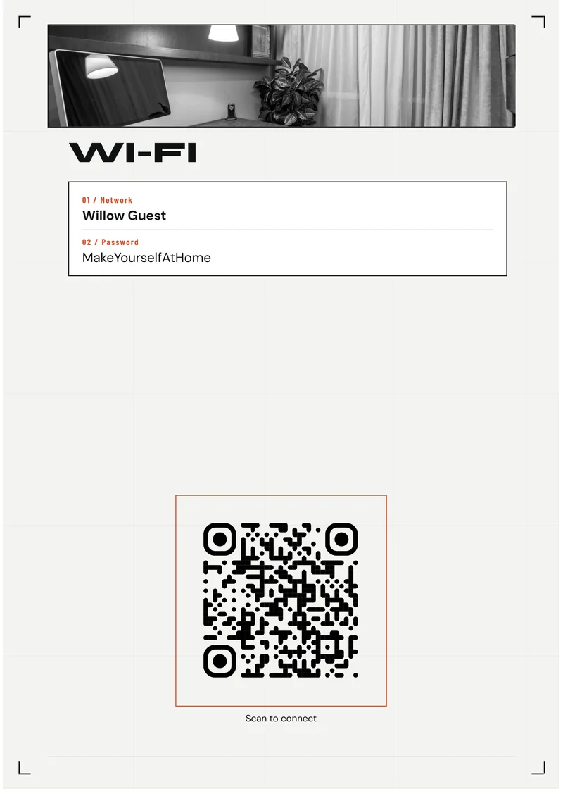 Urban Loft matching Wi-Fi sign with demonstration network and QR code