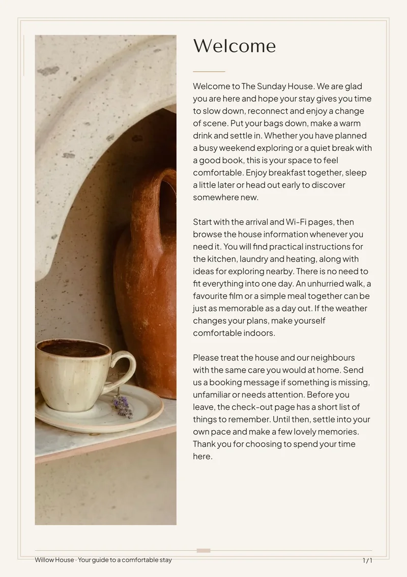 Warm Neutral interior welcome page with sample introduction and photo