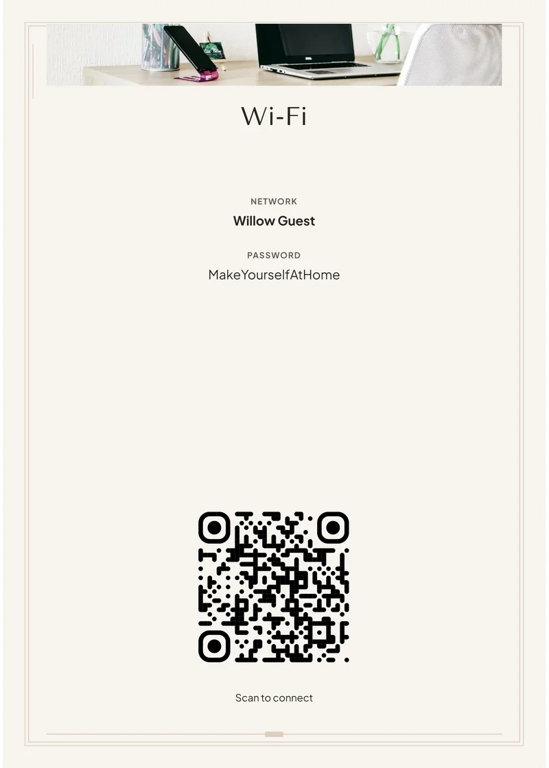 Warm Neutral matching Wi-Fi sign with demonstration network and QR code