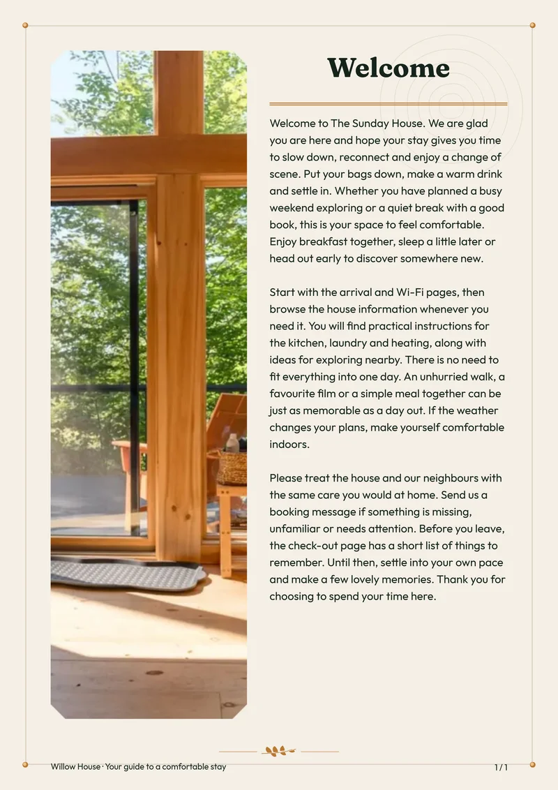 Woodland Cabin interior welcome page with sample introduction and photo