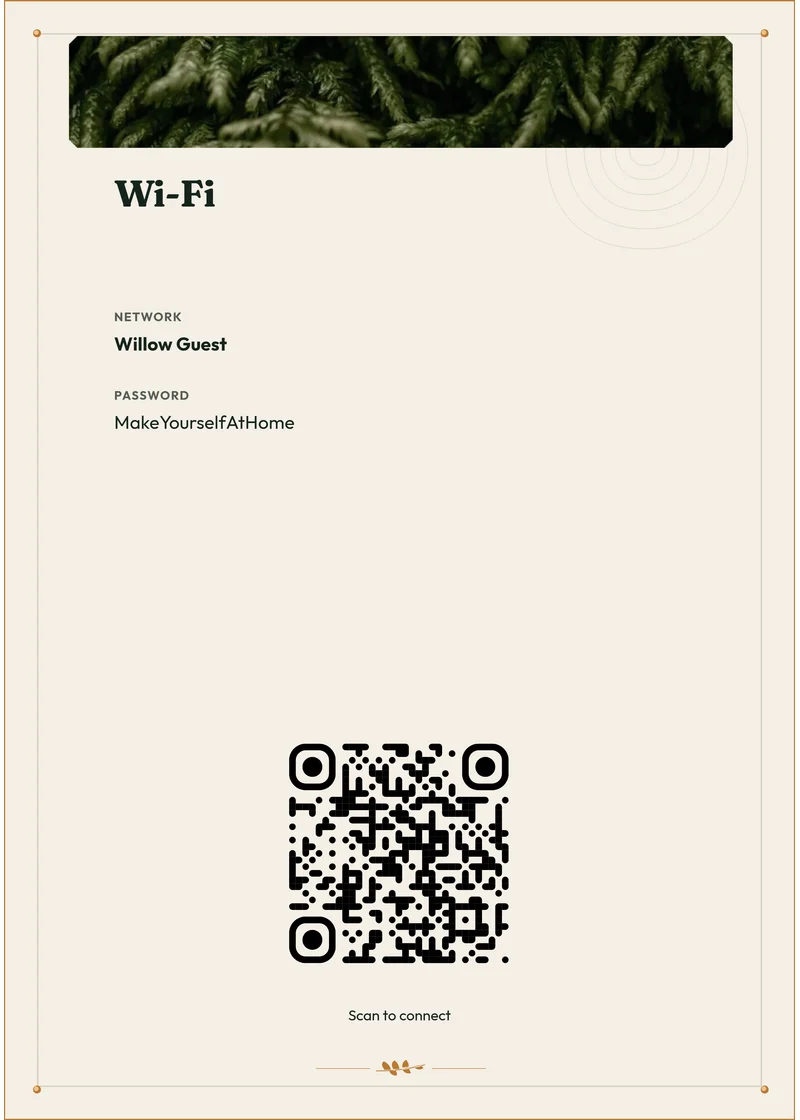 Woodland Cabin matching Wi-Fi sign with demonstration network and QR code